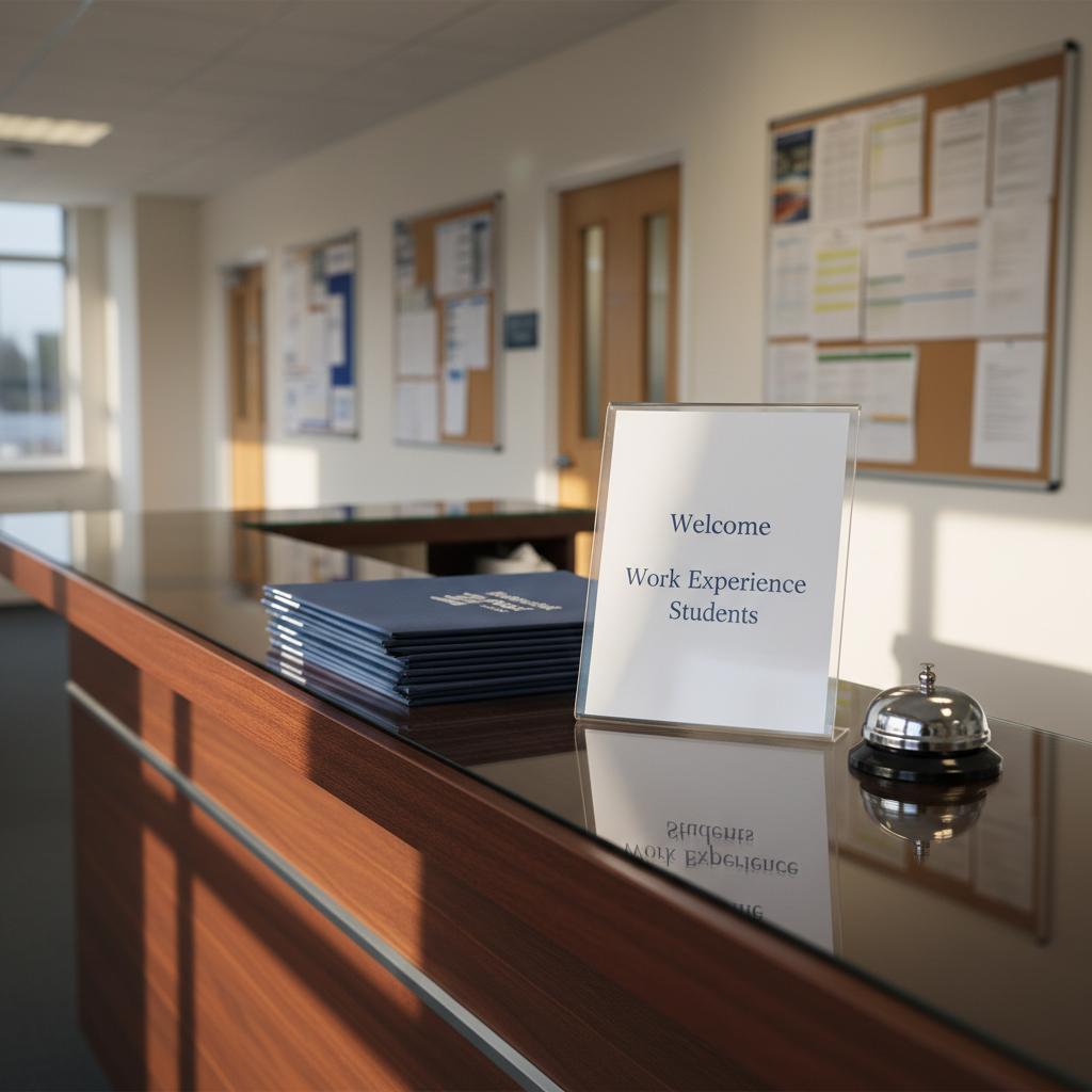 A polished reception counter in a professional workplace, topped with a clear acrylic sign that reads “Welcome Work Experience Students” in understated navy-blue lettering on white cardstock. Beside the sign sits a tidy stack of branded folders, each labelled “Induction Pack”, and a brushed metal desk bell. The counter’s surface reflects soft details of the items above. Natural afternoon light enters from the side, combining with subtle overhead lighting to create a bright yet calm atmosphere. Photographic realism, captured from a slightly low angle focused on the sign, with the background fading into a softly blurred corridor of doors and noticeboards, suggesting a structured, organised and supportive work environment.