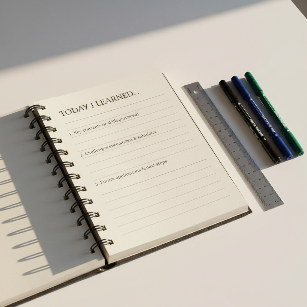 A close-up of a structured work experience reflection setup on a clean white table: a thick, ring-bound reflective journal open to a page titled “Today I Learned…”, with neatly printed prompts and generous blank lines ready for writing. Next to it lies a set of three fine-tip markers arranged in a precise row, and a slim metallic ruler aligned with the journal’s edge. Soft morning daylight streams in from the left, casting long, gentle shadows and a subtle glow across the page, enhancing the crispness of the printed text. Photographic realism, captured from a slightly elevated angle with shallow depth of field, creates a focused, contemplative mood ideal for a professional student blog about work experience.