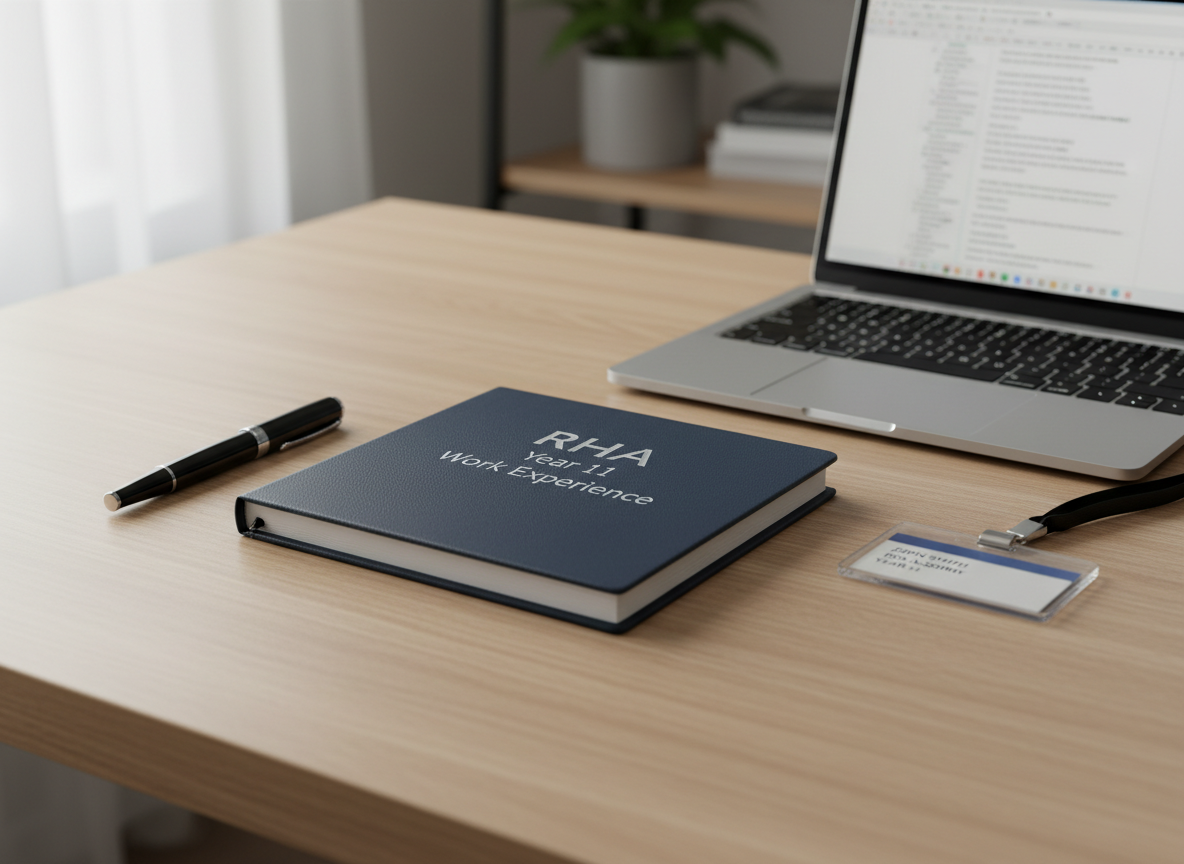 A sleek, closed navy-blue work experience journal resting on a light oak desk, its textured cover embossed subtly with “RHA Year 11 Work Experience” in silver lettering. Around it lie a neatly aligned black fountain pen, a slim laptop, and a clear acrylic name badge on a lanyard, all carefully spaced to suggest order and professionalism. Soft, diffused daylight from an unseen window washes across the surface, creating gentle reflections on the pen clip and laptop edge while leaving the journal in sharp focus. Photographic realism, shot from a slightly elevated angle with a shallow depth of field, keeps the background softly blurred, conveying a calm, focused, and organised atmosphere suitable for a professional Year 11 blog.