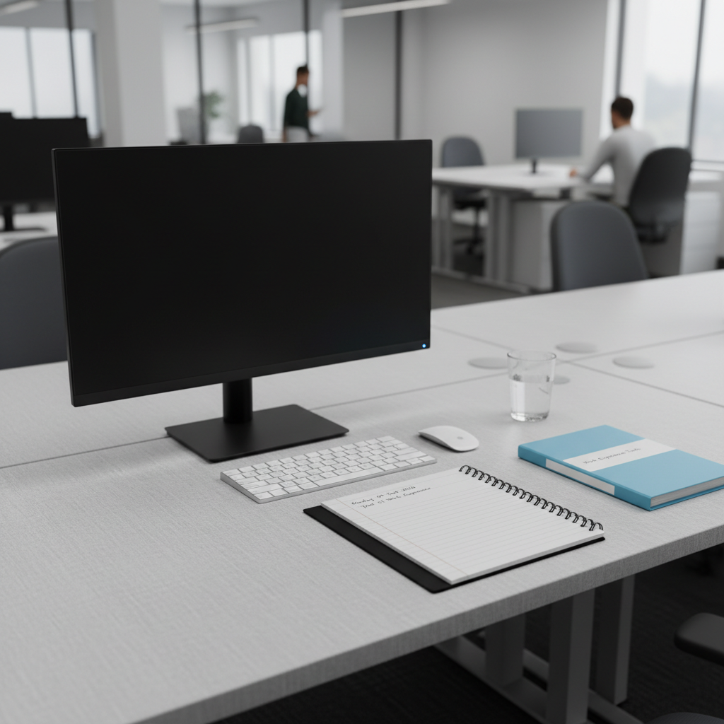 A modern office workstation prepared for a Year 11 work experience placement, featuring a slim, matte-black monitor, a compact wireless keyboard, and a spiral-bound notebook open to a blank page lined with a neat date header. The desk surface is a clean, light grey laminate with a subtle texture, interrupted only by a simple glass of water and a closed folder labelled “Work Experience Tasks”. Cool, even overhead lighting illuminates the scene, creating soft shadows beneath the objects without harsh contrast. Photographic realism from an eye-level perspective with a balanced composition, the background gently fading into a muted corporate interior, evoking a professional, structured and welcoming environment for learning.