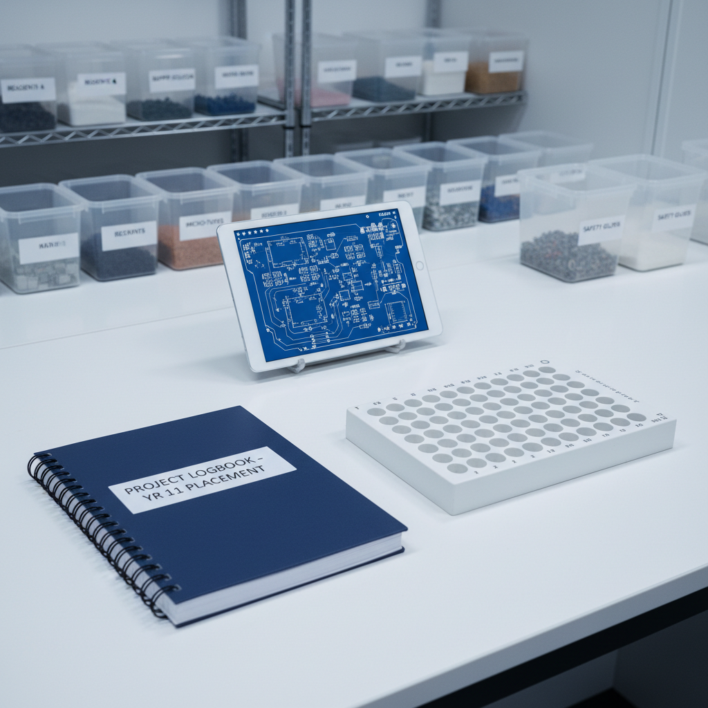 A tidy lab-style workstation representing a STEM-focused work experience placement, with a smooth white benchtop holding a closed technical notebook, a labelled sample tray with empty wells, and a small digital tablet displaying a schematic diagram. The equipment surfaces are clean and orderly, emphasising precision. Cool, bright overhead lighting illuminates the scene, creating clear, defined edges and minimal shadows. In the softly blurred background, shelves with neatly arranged, clearly labelled containers reinforce the sense of organisation and safety. Photographic realism from a slightly elevated angle with moderate depth of field, presenting a professional, methodical atmosphere suitable for documenting scientific or technical work experience on a Year 11 blog.