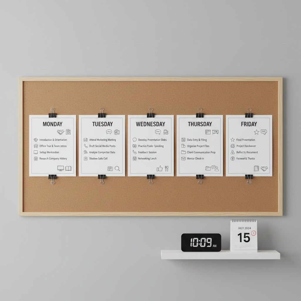 An organised project board for a Year 11 work experience week mounted on a neutral grey wall, featuring neatly arranged printed sheets labelled “Monday” through “Friday”, each with bullet-pointed tasks and small icons representing different workplace activities. The sheets are pinned with uniform black clips to a large cork backing framed in light wood. A slim digital clock and a compact, minimalist calendar sit on a narrow white shelf just below the board. Even, diffused office lighting reduces glare on the paper, ensuring all text appears crisp and legible. Photographic realism from a straight-on, eye-level composition with sharp focus throughout, conveying planning, structure, and a professional, methodical approach to documenting the work experience journey.